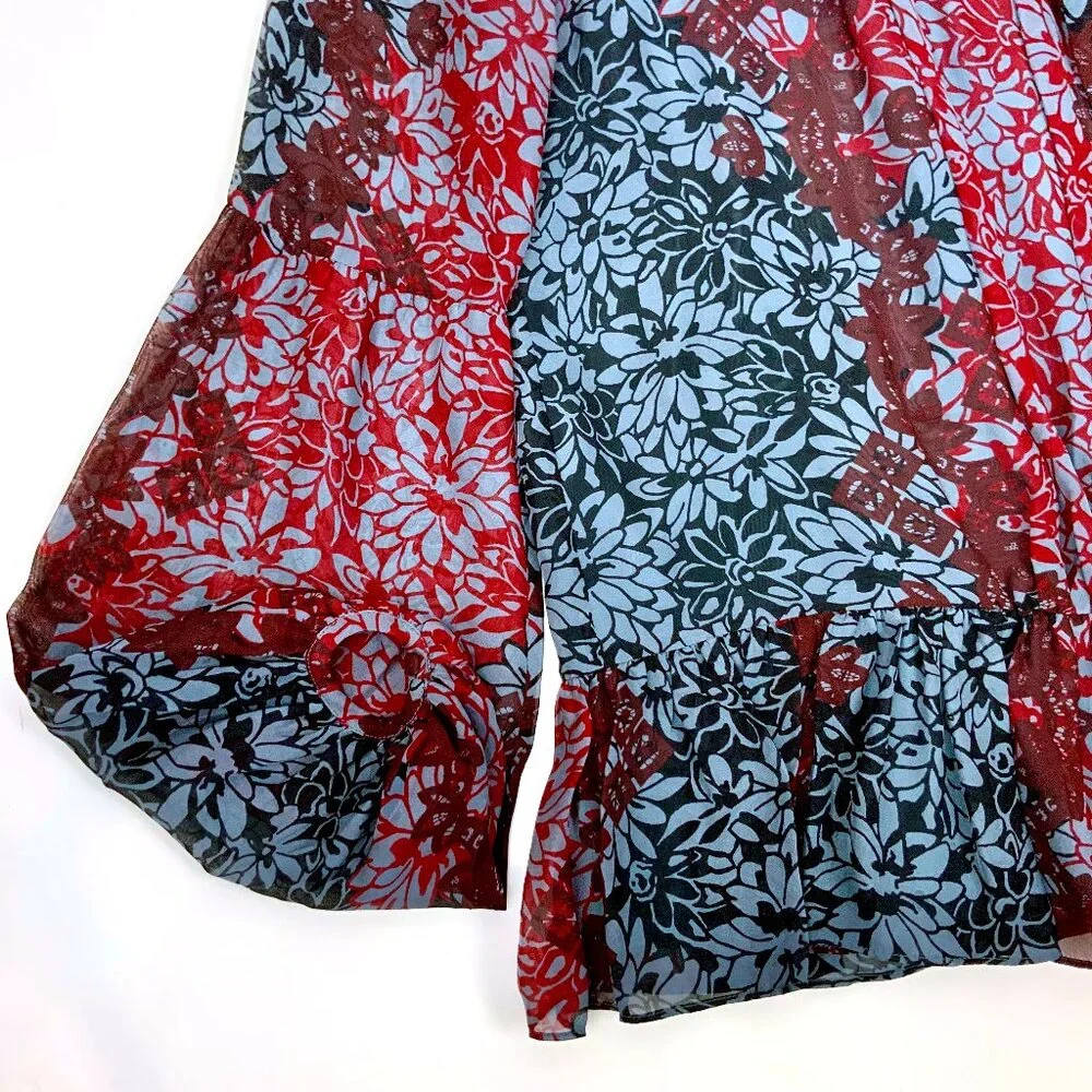 New Cinq a Sept Silk Chiffon Floral Tie Back Peplum Blouse Red Black Sz XS - Picture 9 of 16